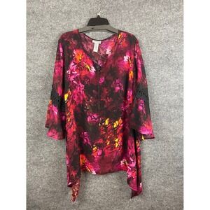 Catherines Tunic Blouse Womens 2X Pink Floral Excellent Crochet Bell Sleeve Tie‎